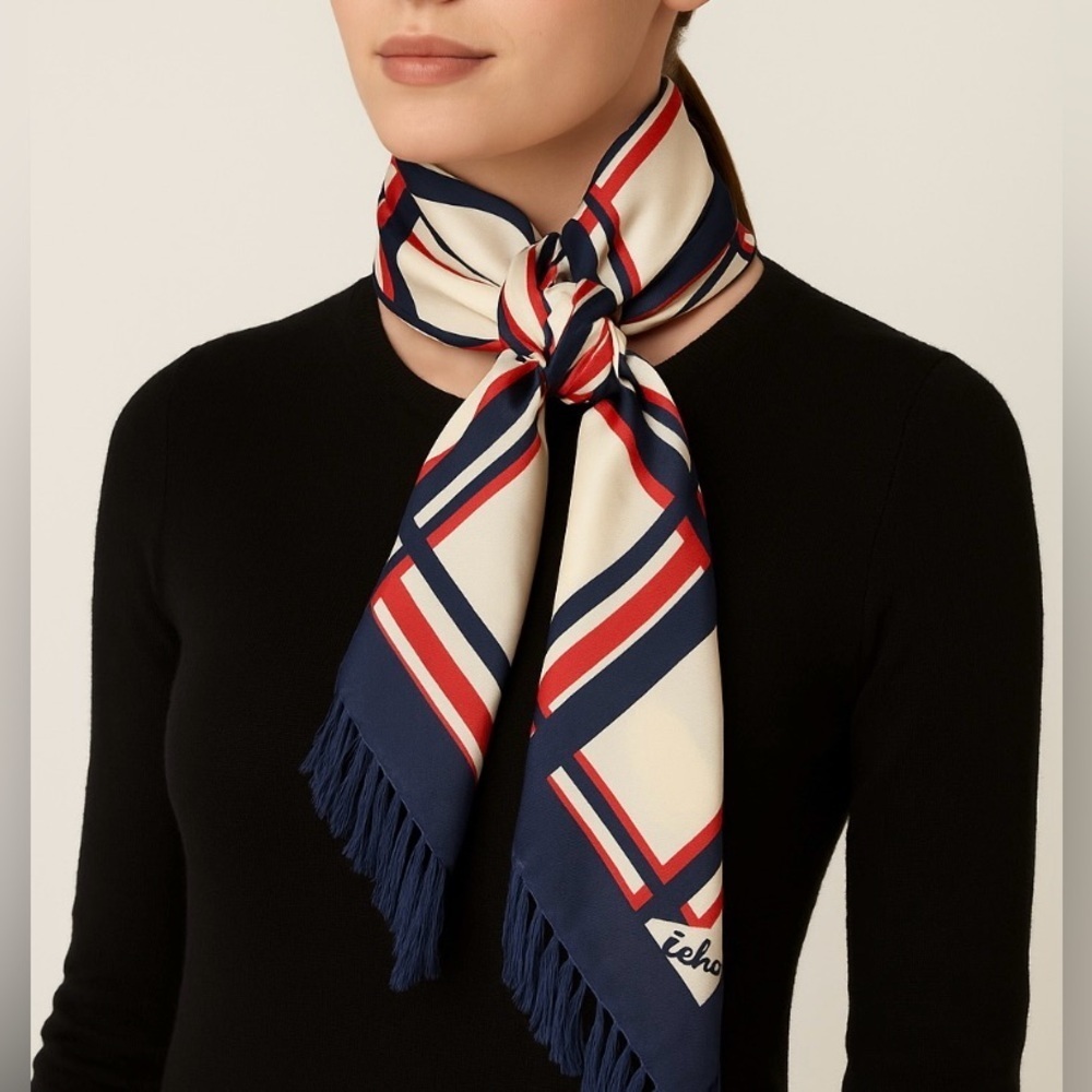 Vintage Silk Echo Plaid Criss Cross Scarf Red White Blue Fringe